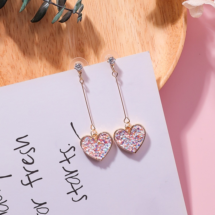 Korean Sweet Romantic Girl Pink Sequin Love Long Exquisite Pendant Earrings Temperament Wild Bride Earrings