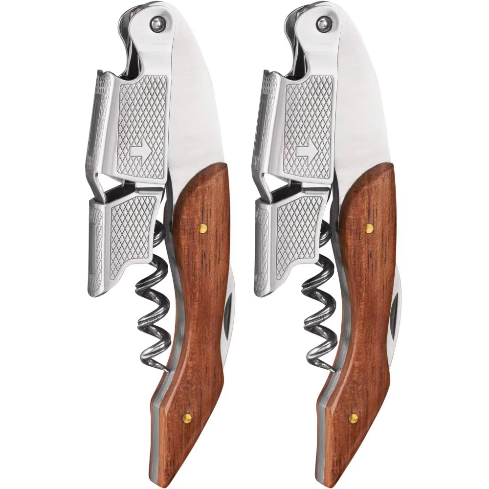 Sacacorchos de camarero Sommelier, abridor de vino de doble palanca con resorte, accesorio de barman de camarero, acero inoxidable y madera, 1 ud.: Plata