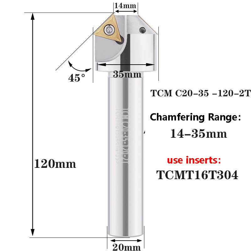 LIHAOPING TCM herramienta de chaflán de 45 grados 12 16 20 mm C20-40-120 torno CNC fresa de acero de tungsteno TCMT fresa de extremo de inserción de carburo: 5,5 mm