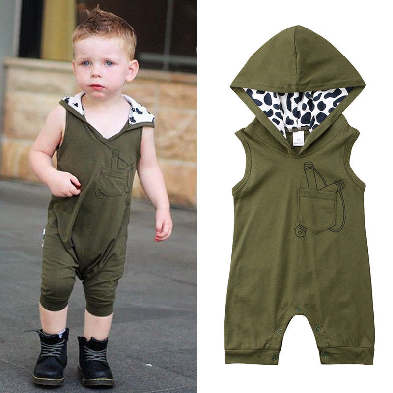 Wallarenear 0-24M Casual Toddler Newborn Baby Boy Romper Green Sleeveless Cotton Leopard Hooded Jumpsuit Clothing