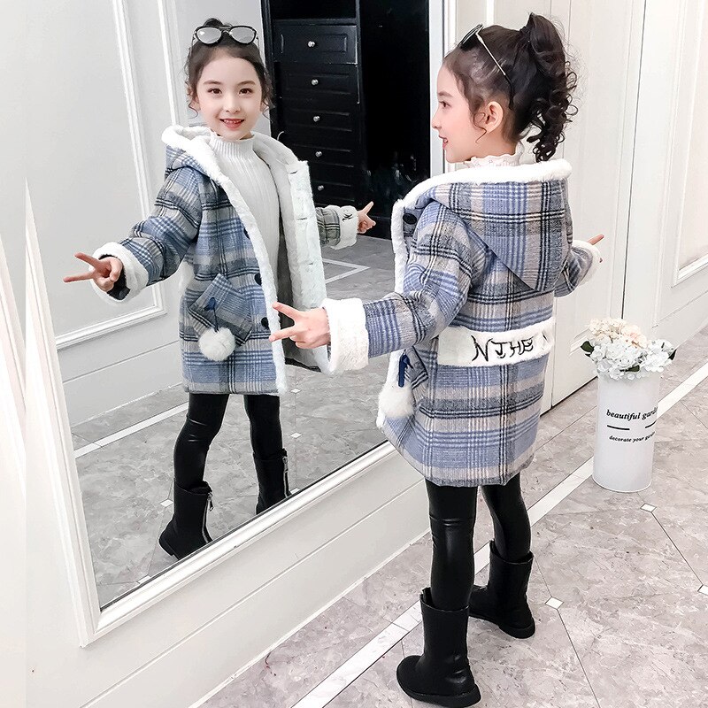Meisjes hoodies met capuchon, wollen mix, gestreepte dikke ruit, bovenkleding, herfst- en winterkleding voor kinderen, wollen jassen  zl275