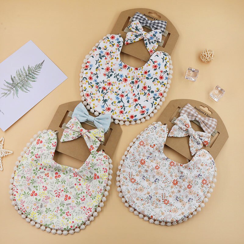 Babadores de algodão para bebês com estampa de flores, 3 peças, conjunto de avental para crianças e meninas, panos para arrotar, turbante, material de alimentação