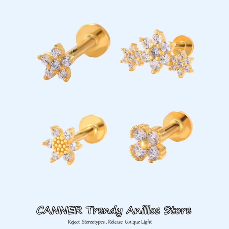 CANNER 1pc 925 Sterling Silver Tragus Piercing Stud Earrings for Women AAAAA Zircon Labret Lip Rings Cartilage Earrings Jewelry