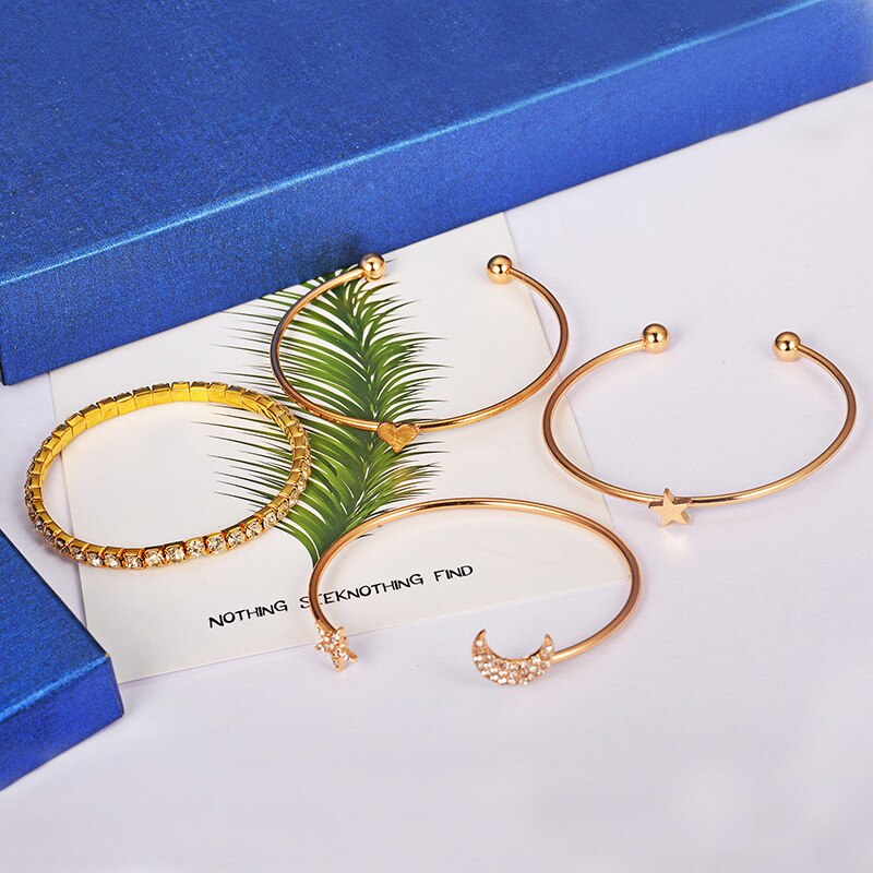 4 Stks/set Mode Vrouwelijke Armbanden Goud Rvs Crystal Stars Moon Armband Partij Sieraden Accessoires Voor Vrouwen