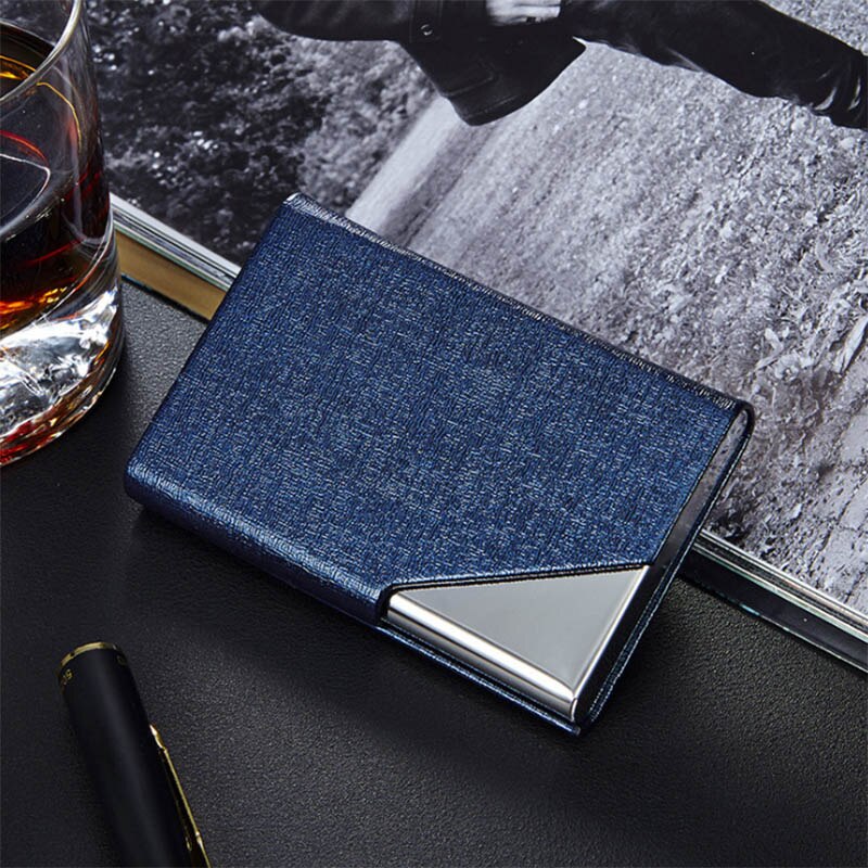 Business ID Credit Card Holder For Women Men Brand Metal Aluminum Card Case PU Leather Porte Carte Metal Card Box: Blue