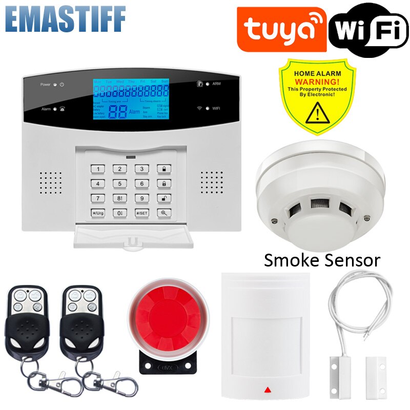 Sistema de alarma de seguridad para el hogar, cable inalámbrico WIFI GSM con Sensor de movimiento, Detector de humo para la aplicación Tuya Smart Life, funciona con Alexa y Google: G2BWE