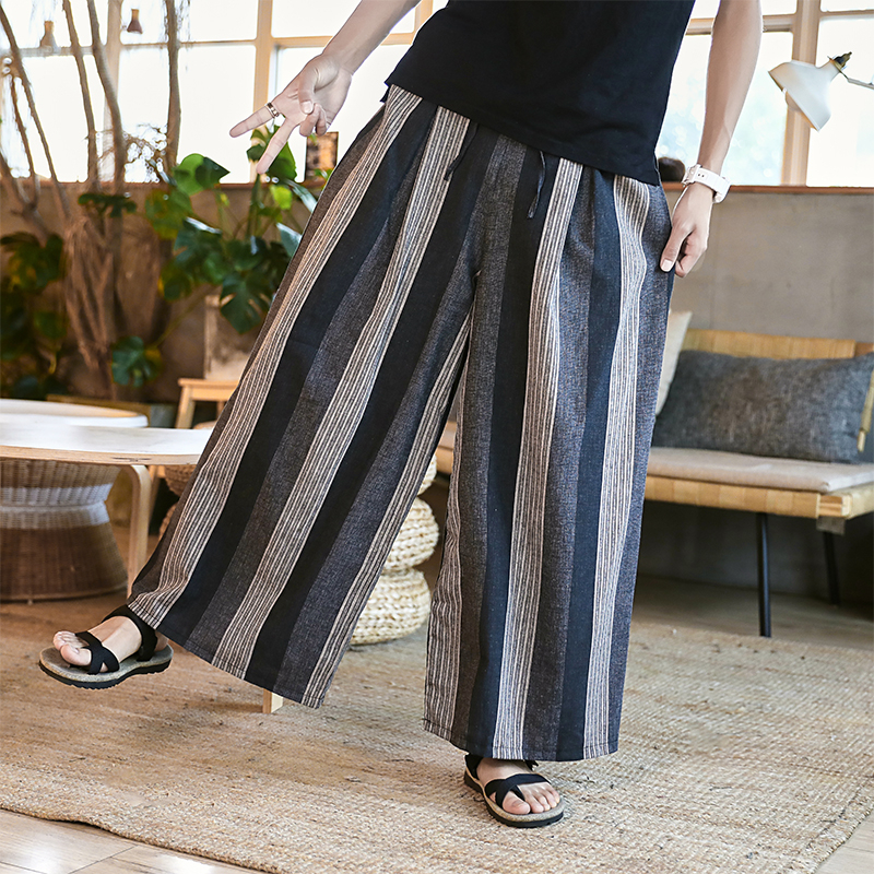 Mand bomuld linned brede ben bukser herre stribe straight flare bukser mandlige traditionelle baggy bukser behagelige åndbare bukser