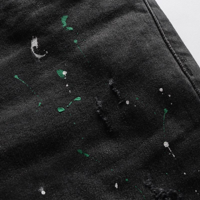 Streetwear Mannen Jeans Zwarte Kleur Verf Ripped Jeans Mannen Punk Broek Elastische Slim Fit Hip Hop Jeans homme