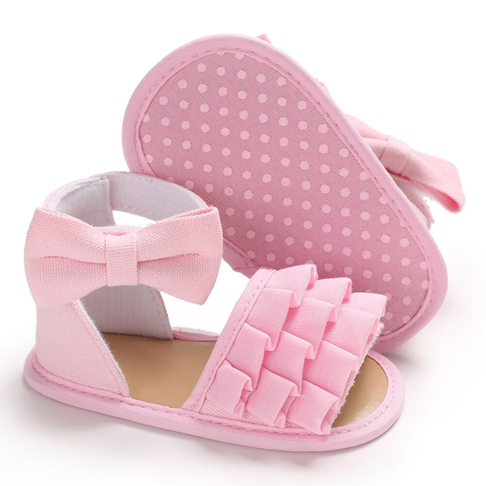Baby sommer sko sandaler baby piger spædbarn bløde sko lærred bue knude solid ruffede sandaler toddler baby sko 0-18m: Lyserød / 0-6 måneder