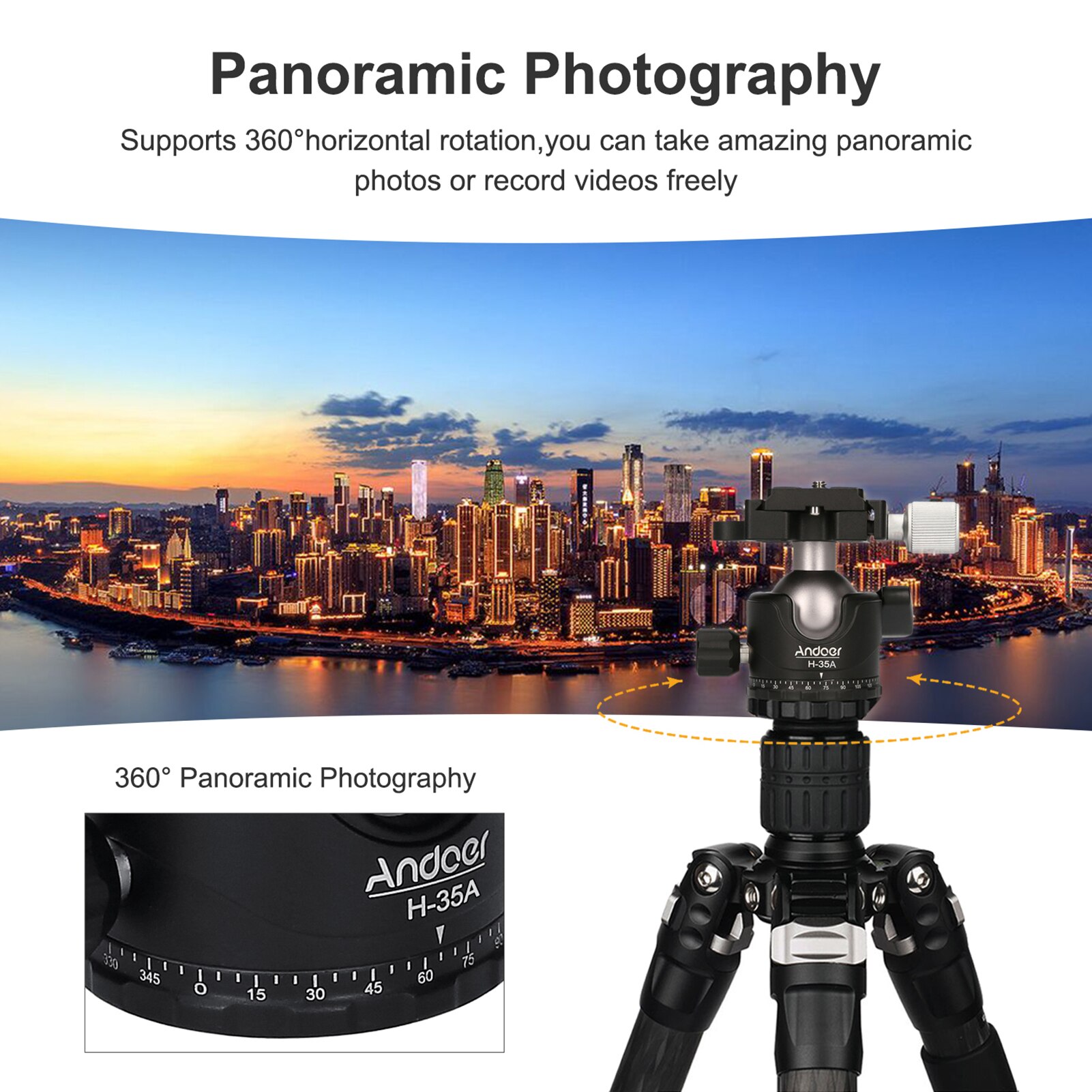 Andoer-tripé panorâmico para esferas, adaptador para montagem em tripé, cabeça esférica, ranhura em u, centro de gravidade, liga de alumínio, max capacidade de carga de 15kg