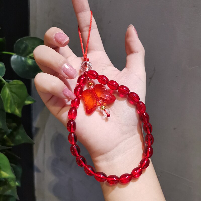 Crystal Bead Butterfly Mobile Phone Chain Cellphone Strap Anti-lost Lanyard For Women Summer Wrist Jewelry: red