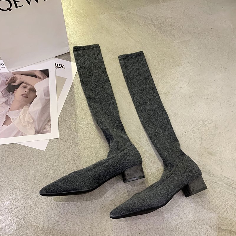 Dameslaarzen schoenen voor dames puntige neus over de knie sok lange laarzen comfortabele elastische mesh slanke laarzen dames: Grijs / 5.5