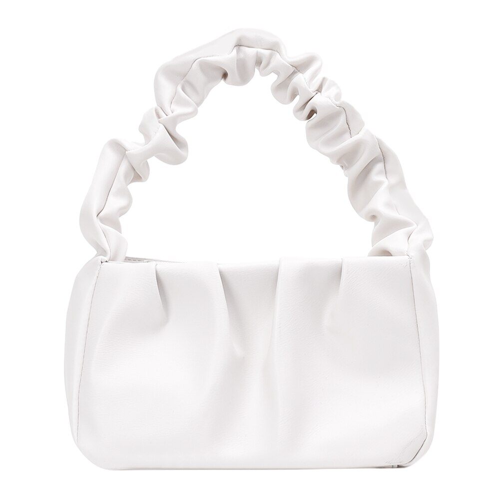 Pleated Ruffle Shoulder Handbags Women Ladies Shoulder Bag Handbags Retro Leather Female Travel Clutch Pouch: White