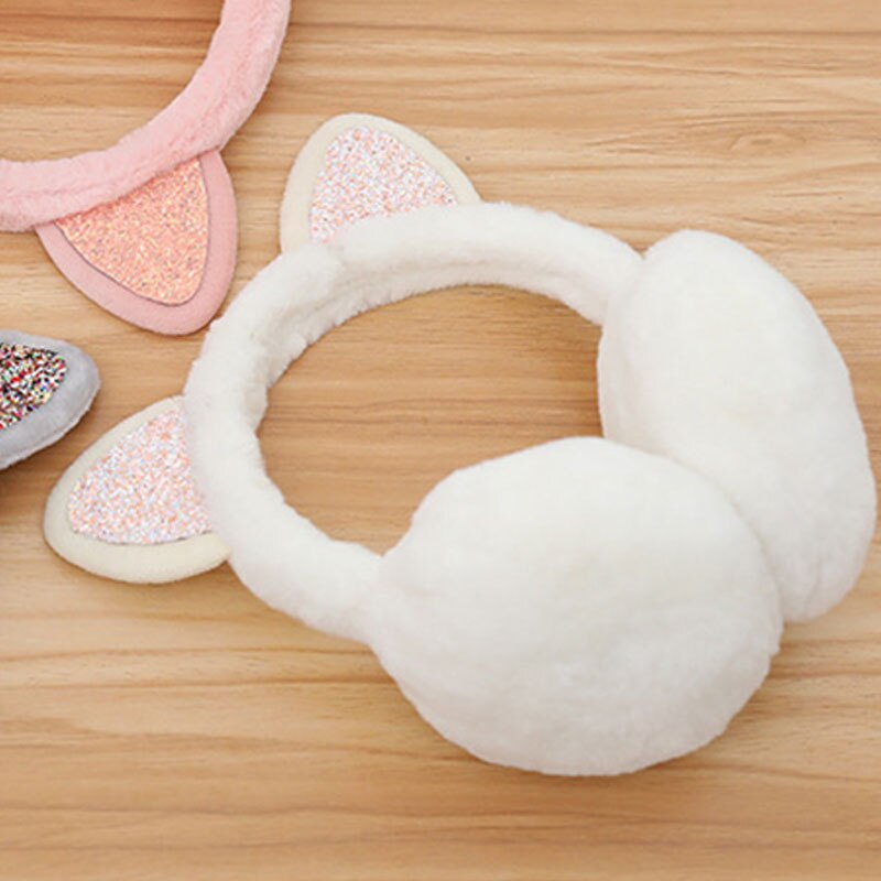Ear Muffs Cat Animal Ears Warmer For Women Girls Cute Winter Outdoor Ear Cover Warm Sequin Earmuffs Fluffy Earflap Ear Warmers: white