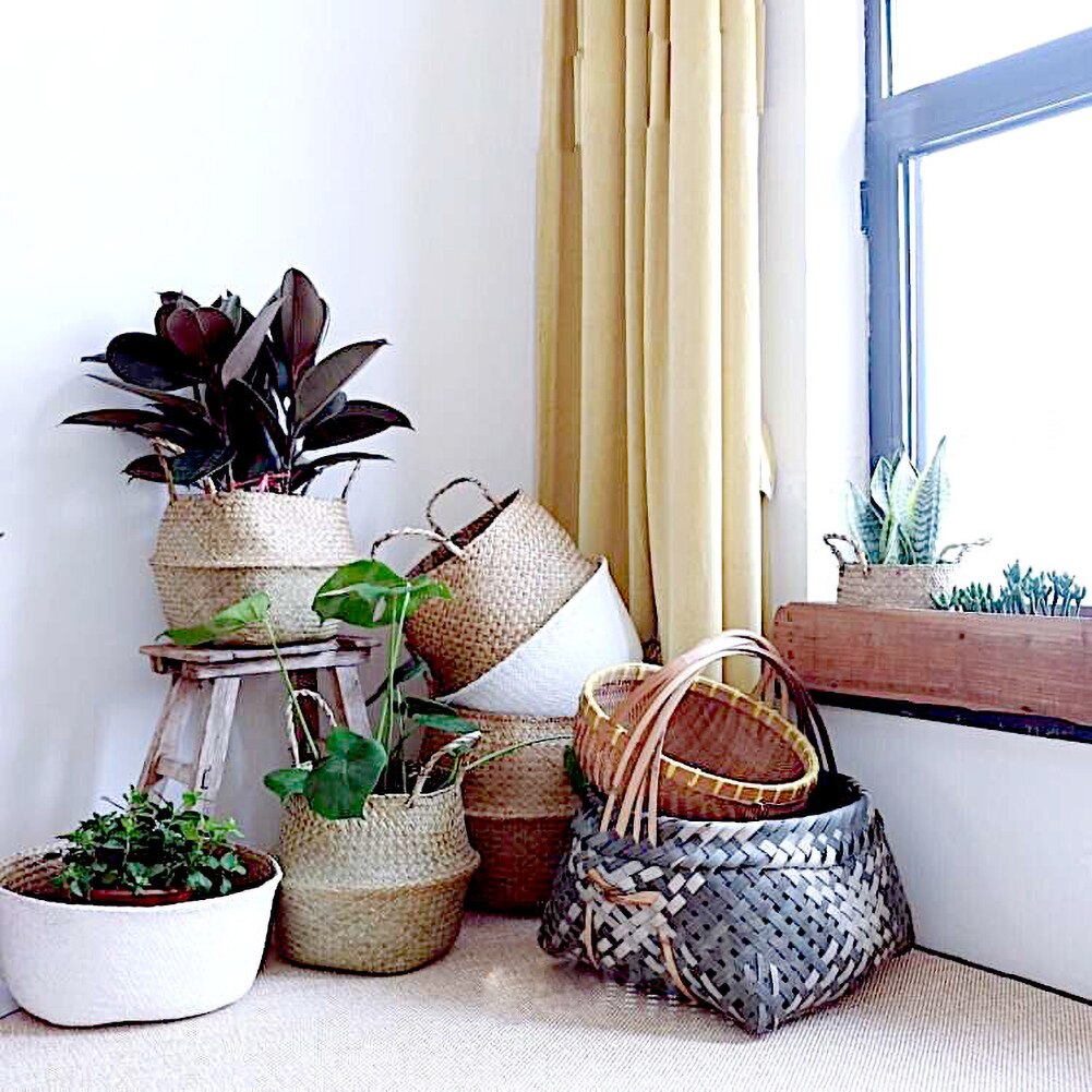 Handmade Bamboo Storage Baskets Foldable Laundry Straw Patchwork Wicker Rattan Seagrass Belly Garden Flower Pot Planter Basket