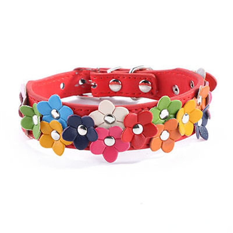 Colours Flower Studded Dog Coller Collar Pu Leather Pet Puppy Cat Neck Strap