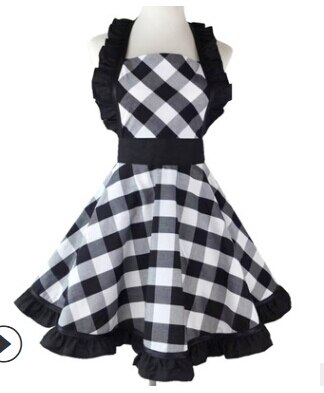 retro fartuchy dla kobiet, klasyczna falbaną na boku pled fartuch kuchenny robić domowego przedszkola kuchennego: czarny