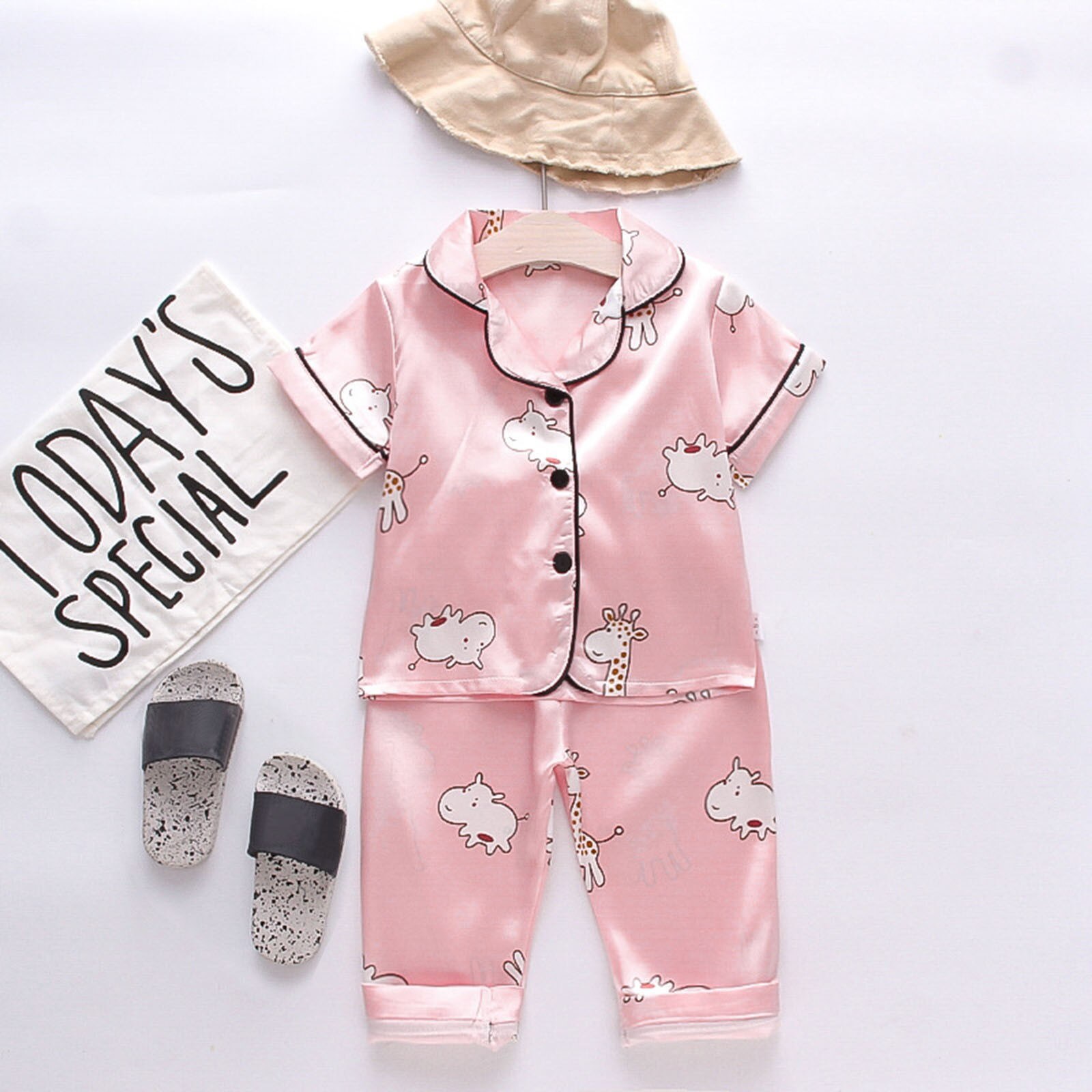 Toddler Baby Boy Girl Silk Satin Cartoon Animal Top Pant Pajamas Short Sleeve Button-down Pyjamas Outfits Child Sleepwear