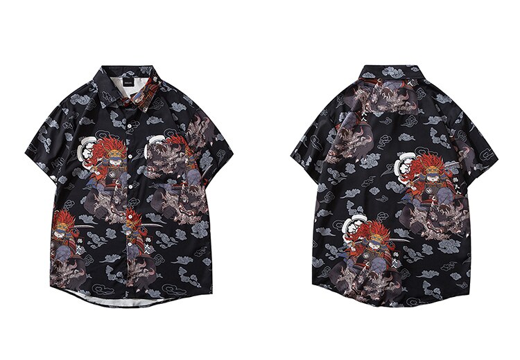 LENSTID Men Hip Hop Cat Samuri Printed Hawaiian Shirt Harajuku Streetwear Beach Shirt Summer Short Sleeve Thin Aloha Shirts: Black / Asian XXL