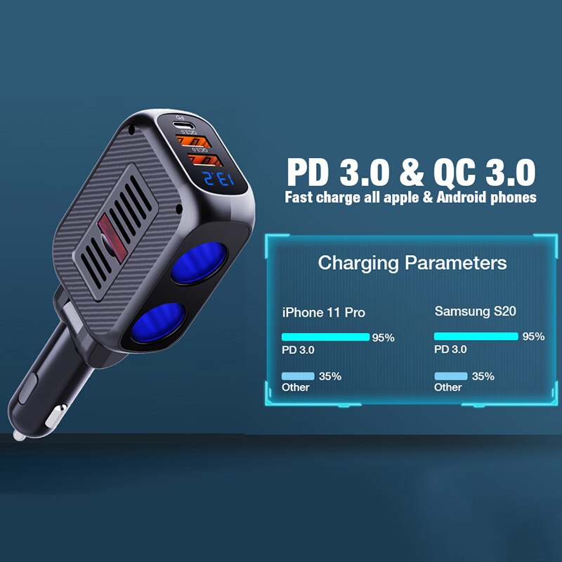 URVNS Zigarette Leichter Splitter, typ-C 20W PD Schnelle USB C Auto Ladegerät &Ampere; Dual QC 3,0 180W 2-Buchse Adapter für Handys, Bindestrich Nocken