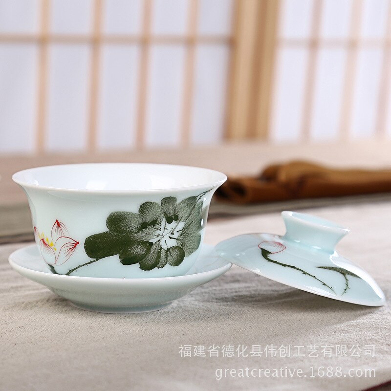 Cuenco De cobertura grande De porcelana Longquan Qing pintado a mano, cuenco De cobertura De tres solo cuenco, juego De té Kung Fu, ópera De cerámica Gaiwan
