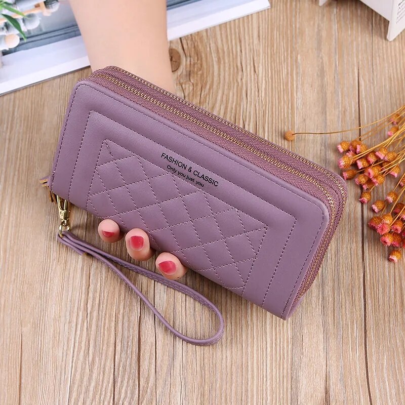 Podwójny długi portfel z zamkiem dla kobiet duża pojemność wysokiej jakości Pu skórzane portfele saszetka typu Clutch torebka Carteras Para Mujer: Double zipper purple