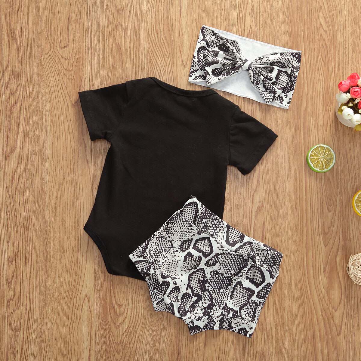 AA Baby Girl Clothing Set Snakeskin Pattern Summer Toddler Kids Tops Short Sleeve Romper+Shorts Girls Clothing Set