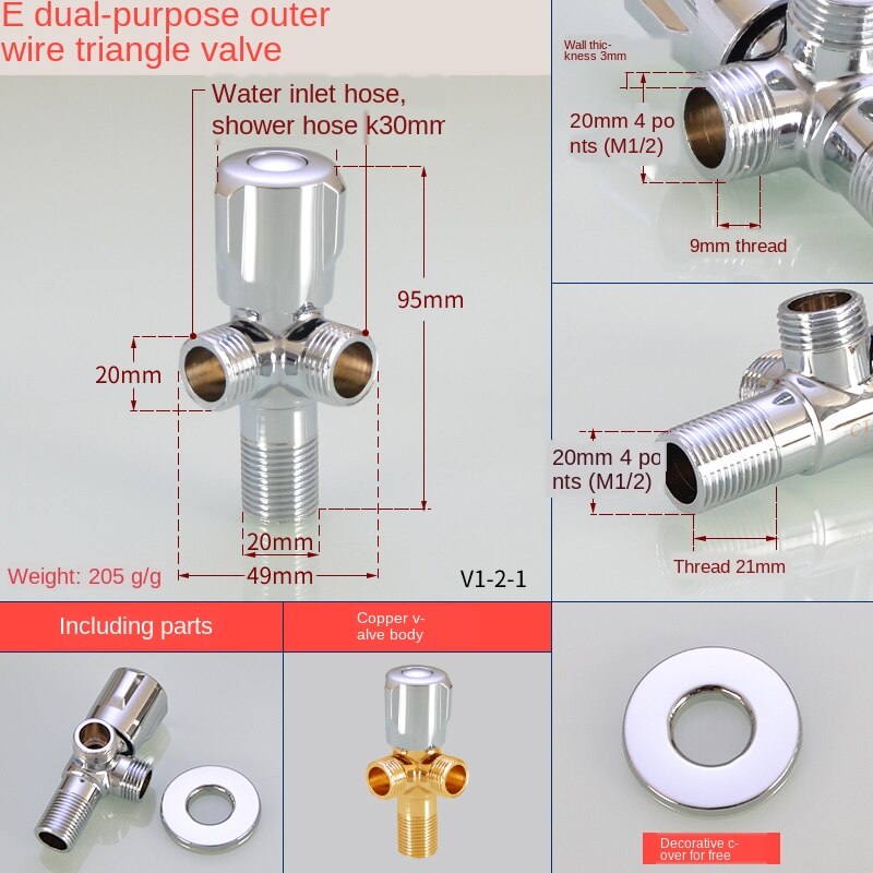 Válvula de ángulo de flujo grande especial para gas y agua heater1/2IN 3/4IN, núcleo de bola de diámetro abierto completo, interruptor de válvula de parada de agua fría y: V1-2-1