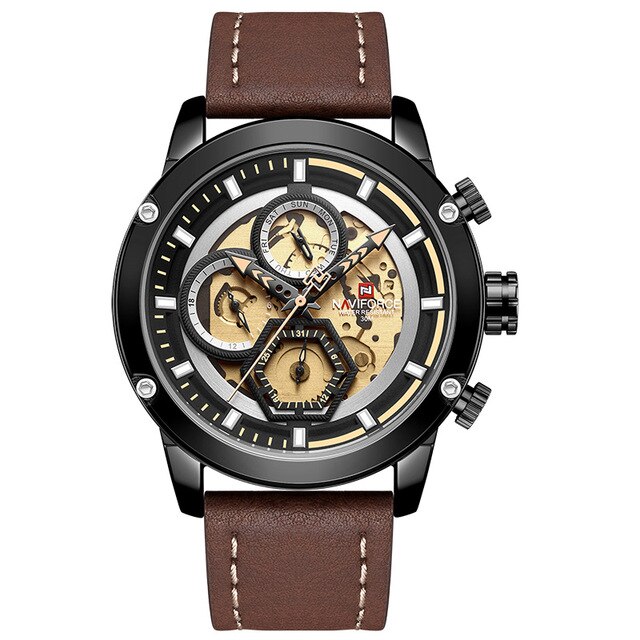 Naviforce Mannen Horloge Blue Skeleton Dial Lichtgevende Heren Horloges Luxe Quartz Horloge Mannen Luxe Horloges: brown black