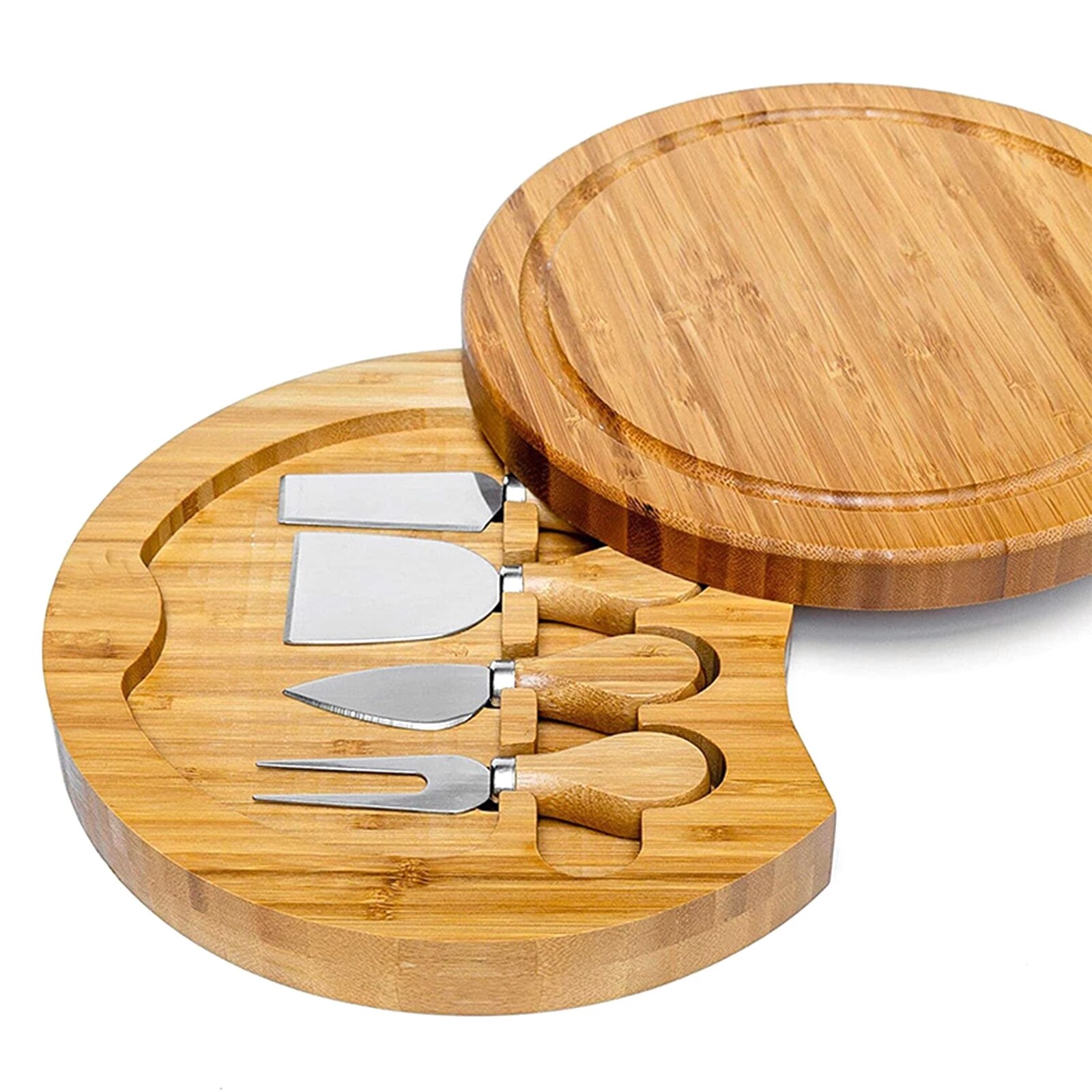 Wooden 10" Bamboo Cheese Board Set Round Cheese Platter Serving Platter Serving Board Charcuterie Platter Cheese Knife Set 원목판