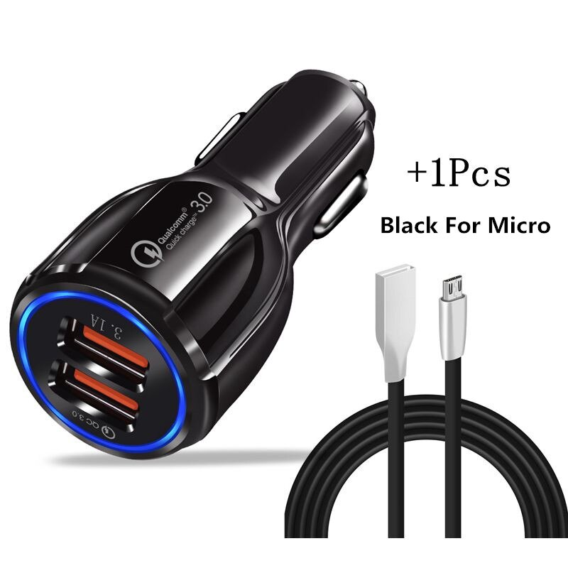 Cargador de coche con doble USB, dispositivo de carga rápida 3,0, Universal, QC3.0, para iPhone, Samsung, teléfono Xiaomi, GPS: Black Add Micro Cord