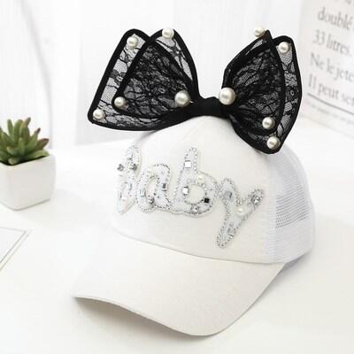 Cute Big Bow Girls Snapback Baseball Cap Children Mesh Hat Spring Summer Adjustable Snapback Casquette Kids Baby Pearl: Net cap white