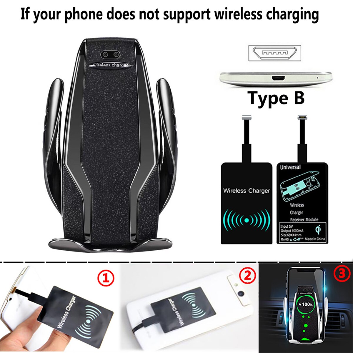 Qi Automatic Clamping Car Phone Holder Fast 10W Wireless Charging Car Charger Holder Mount Air Vent for iPhone X Max XR Samsung: Black For Android B