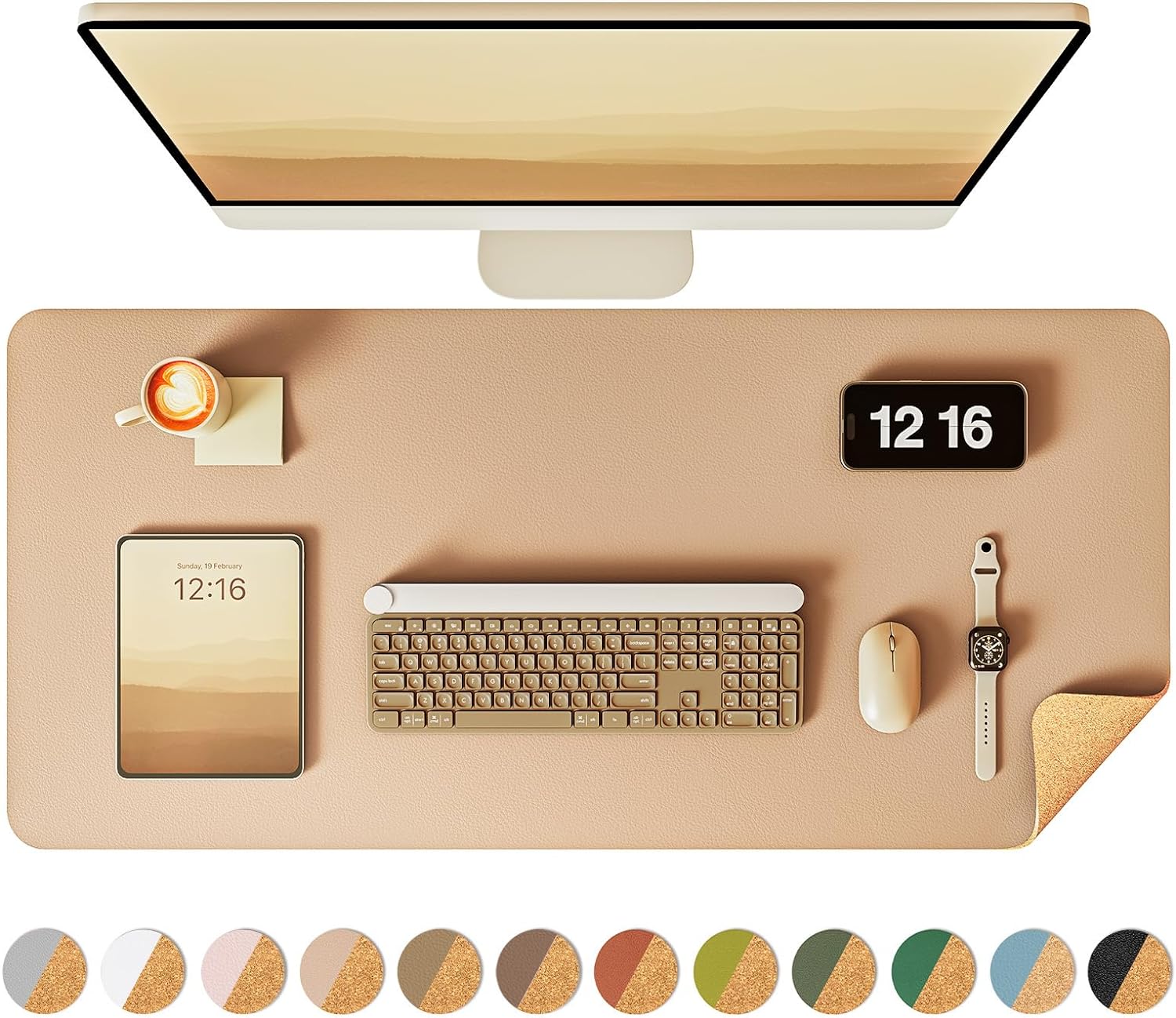 Dubbelzijdig bureauonderlegger, lederen bureaumat, eco kurk bureauonderlegger, grote muismat, waterdichte bureaulipotter voor kantoor/thuis: 90x45 cm / APRICOT