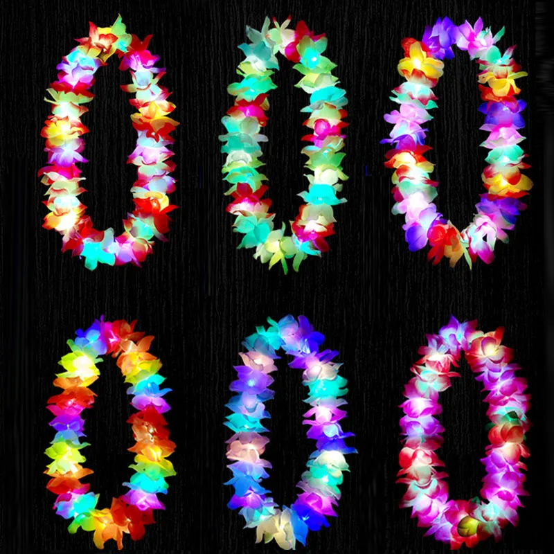 10pcs LED Light Up Flashing Hawaiian Leis Hula Dance Garland Artificial Flowers Neck Loop Necklace Glow Party Supplies Christmas