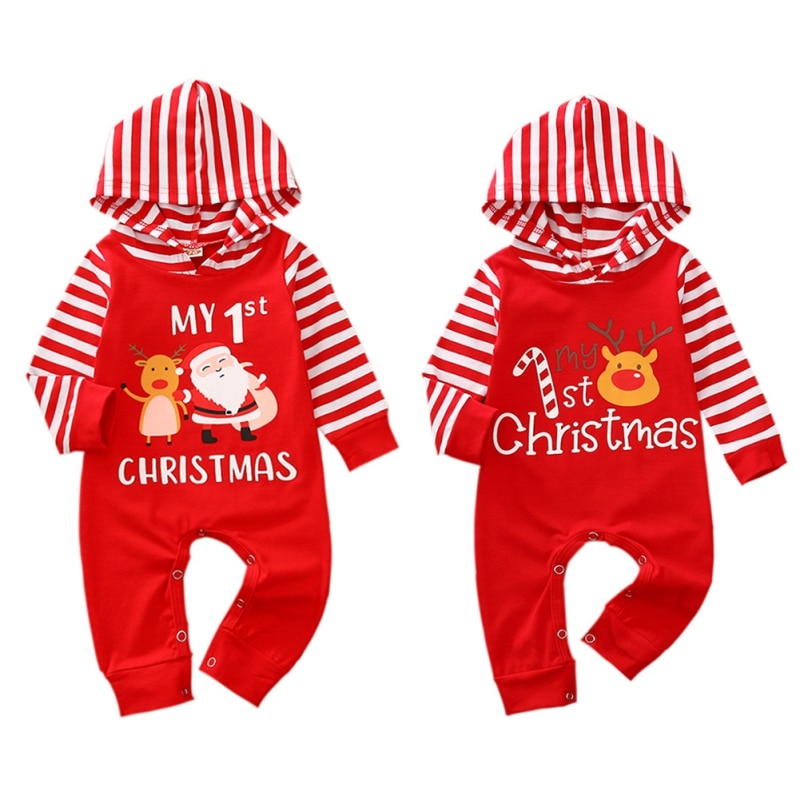 Nyfødt spædbarn baby drenge piger jule jumpsuits hættehals stribe lange ærmer tegneserie lang romper overall tøj