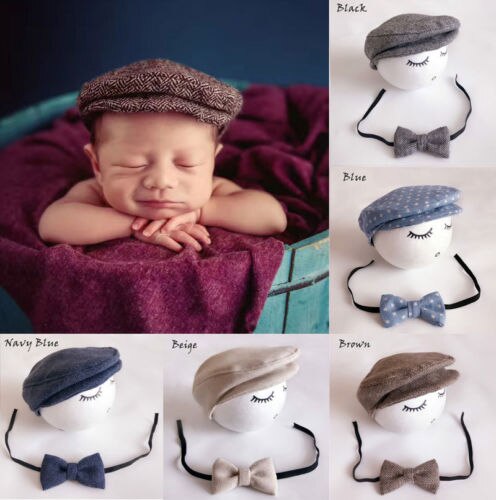2 Stuks Pasgeboren Baby Jongens Baby Piekte Beanie Cap Hoed + Strikje Fotografie Rekwisieten Set