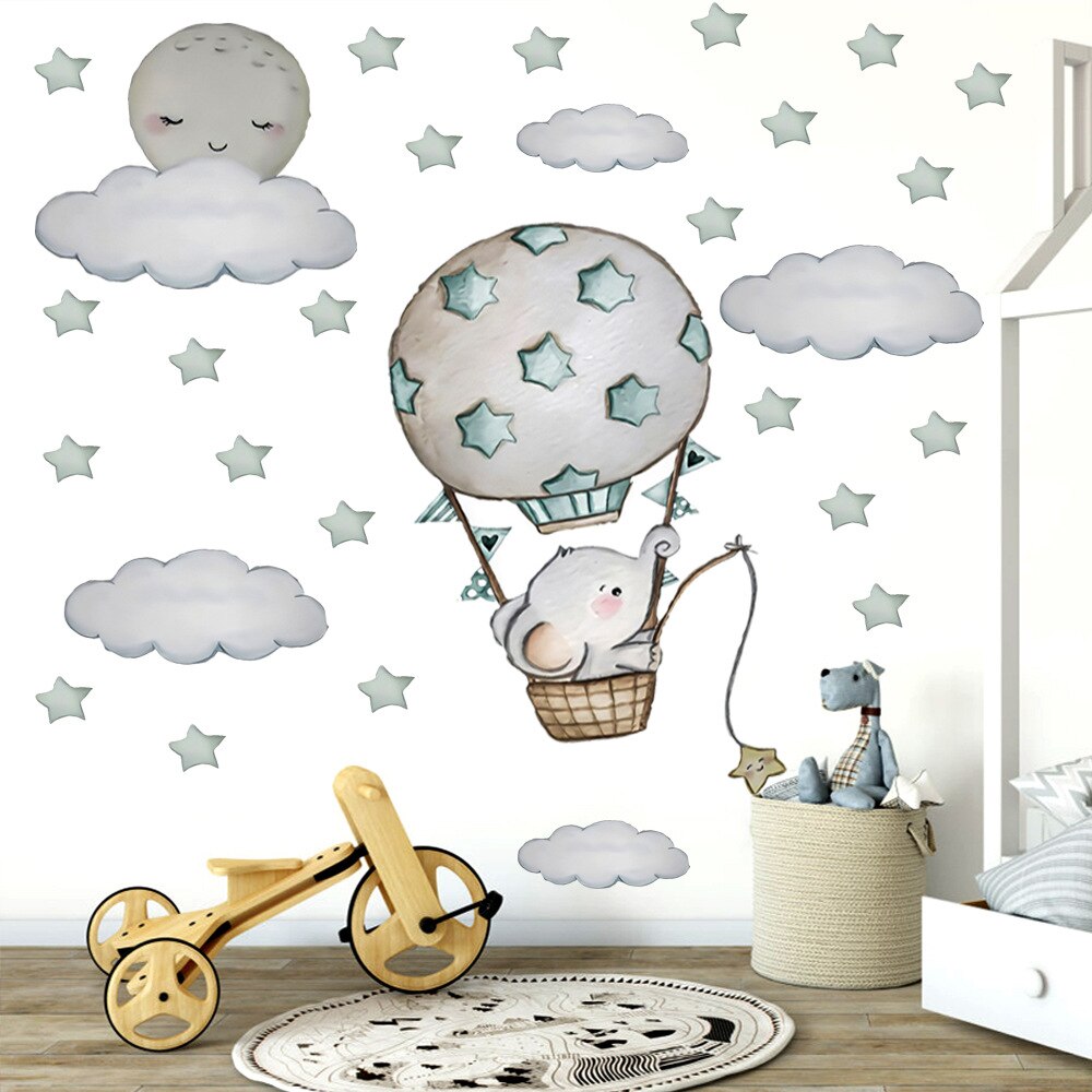 Hand Geschilderd Cartoon Luchtballon Olifant Muurstickers Voor Kinderkamer Babykamer Vinyl Milieuvriendelijke Muurstickers Home Decor