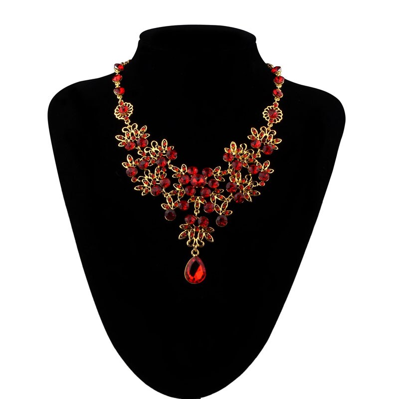 Classique femmes mariage ensemble de bijoux de mariée rouge cristal strass collier boucles d'oreilles bijoux directe offre spéciale