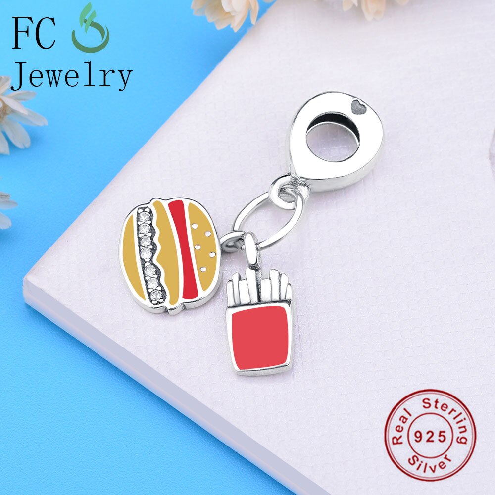 FC Schmuck passen Original Charme Armbinde 925 Sterling Silber Orange Emaille Hamburger Französisch Frites Perlen Anhänger Berloque