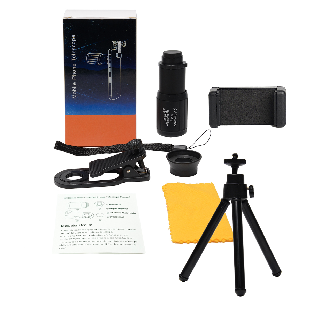 HD 6X Telefonobjektiv Kamera Telezoom Monokular Teleskop Teleskopfokus Kompaktes Min-Objektiv + SelfieTripod für alle Smartphones: Beige