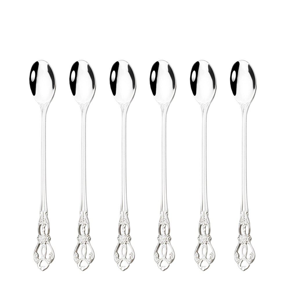Juego de cubiertos de acero inoxidable, Set de vajilla de arcoíris, cuchillo, tenedor, cuchara occidental, Retro, 6/30 piezas: 6Pcs Silver