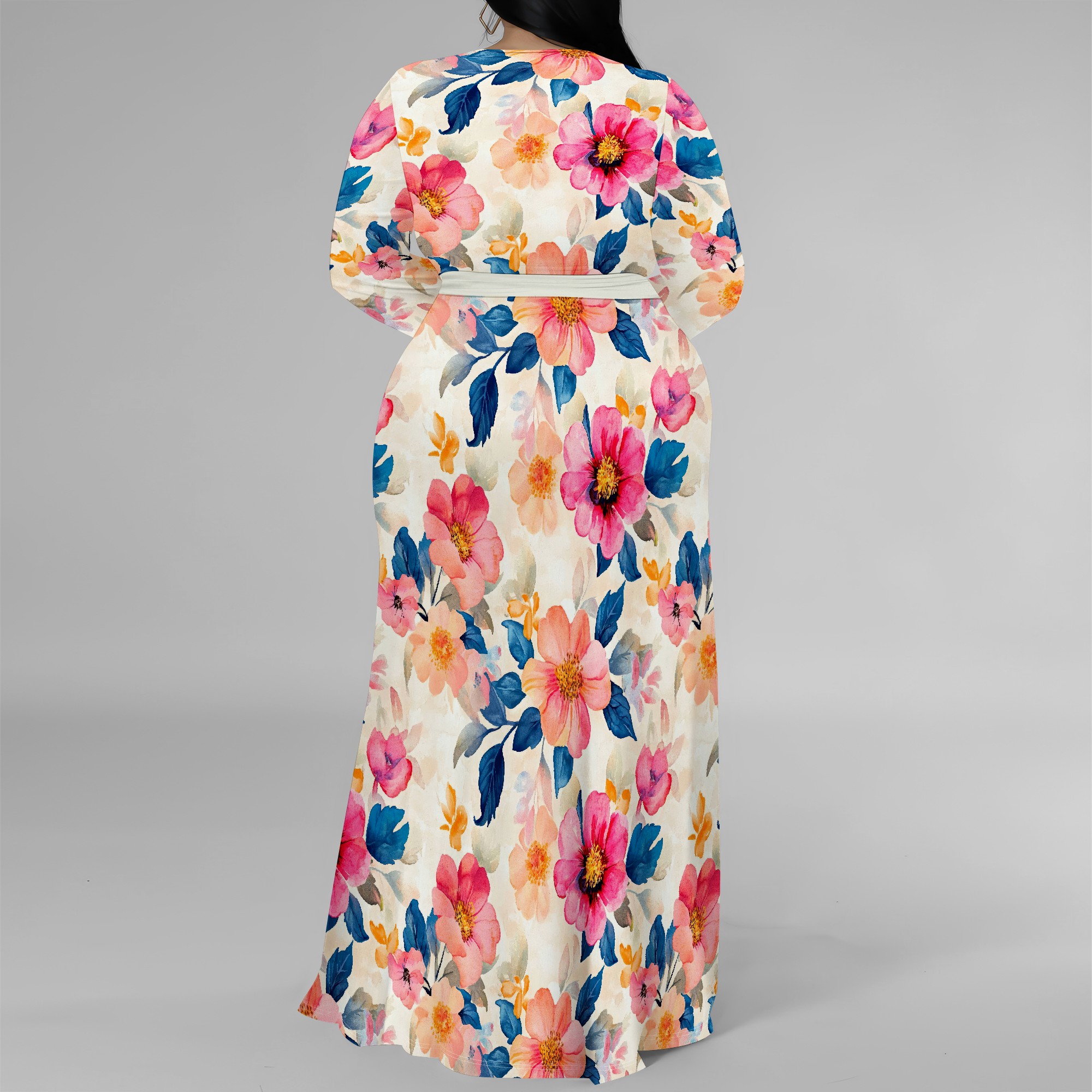 Vestido floral colorido de manga comprida plus size para mulheres, vestido maxi elegante com fenda lateral