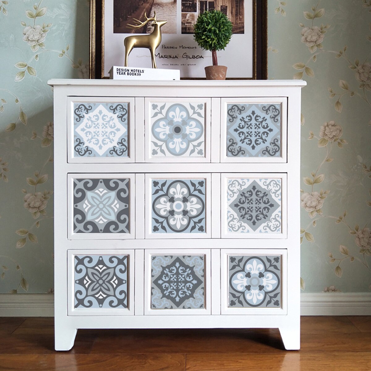 10Pcs Mediterranean Blue Geometric Tile Stickers Bathroom Kitchen Home Anti-skid Wall Stickers DIY Stickers Wallpaper