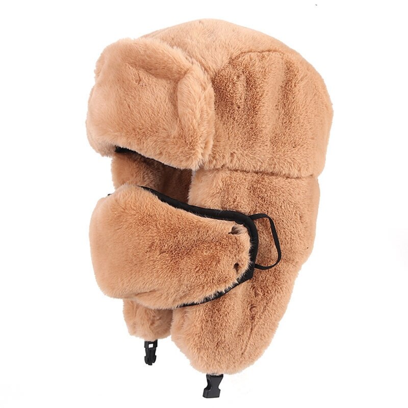 Women Winter Fluffy Plush Russian Ushanka Hat Outdoor Cycling Windproof Thermal Warm Trooper Cap with Face Mask Ear Flap