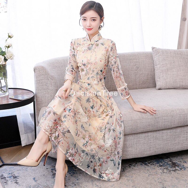 Robe Cheongsam En Dentelle Florale Pour Femme - Col Mandarin, Manches Courtes - Style Chinois Vintage - 4