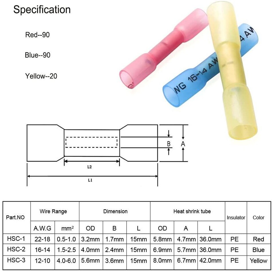Connecteurs thermorétractables 10-22 AWG, connecteurs à sertir étanches pour câbles, connecteurs bout à bout, jeu de connecteurs à souder, 200 pièces