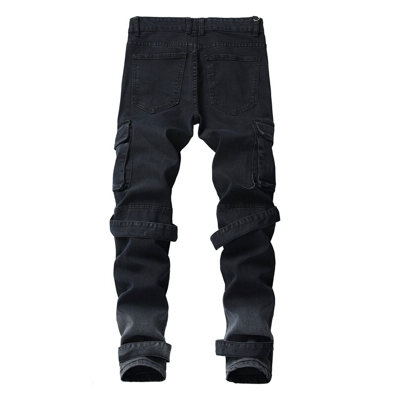 Stretch Denim Men Hip hop Multi-pocket Cargo Biker Skinny Jeans Distressed Slim fit Streetwear Motorcycle male Pencil pants