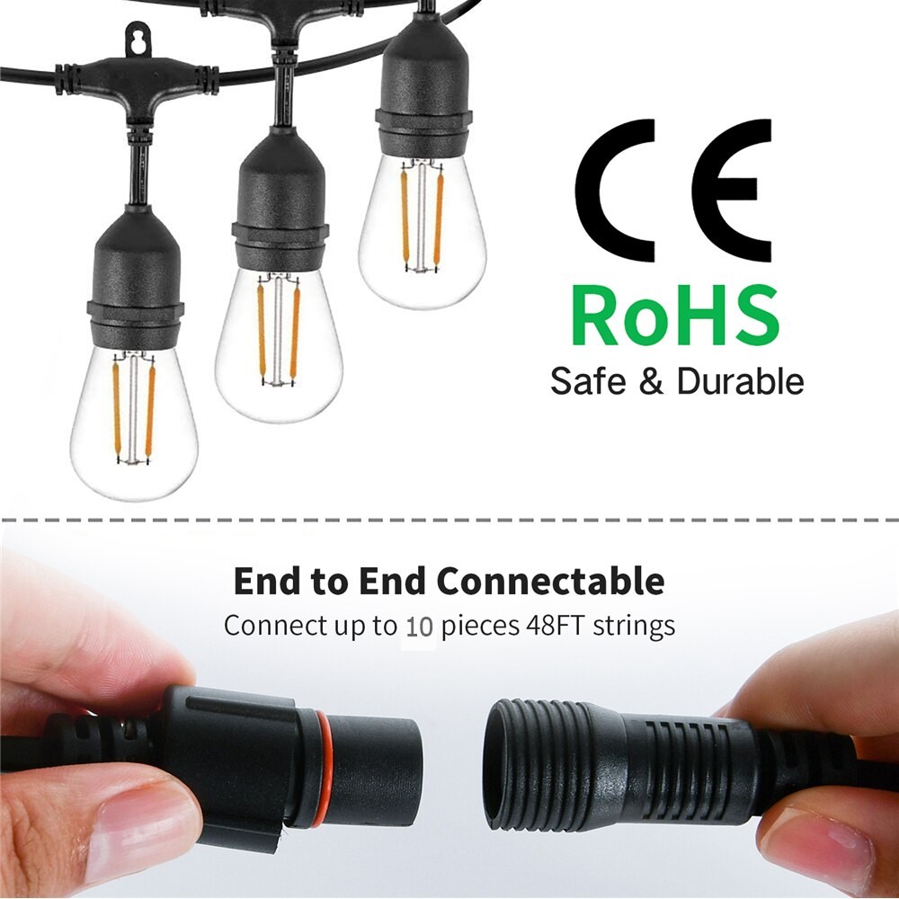 15m 15 Bulbs LED S14 String Lights Outdoor Decoration Light Bulb IP65 Waterproof Patio Lamp Garland