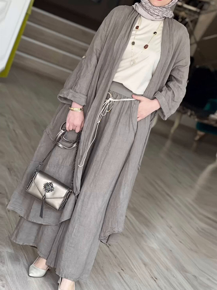 2- delade långärmade maxi-skjortor + vida byxor eid muslimska kvinnor set abaya dubai turkiet islamiska casual toppar enfärgad outfit
